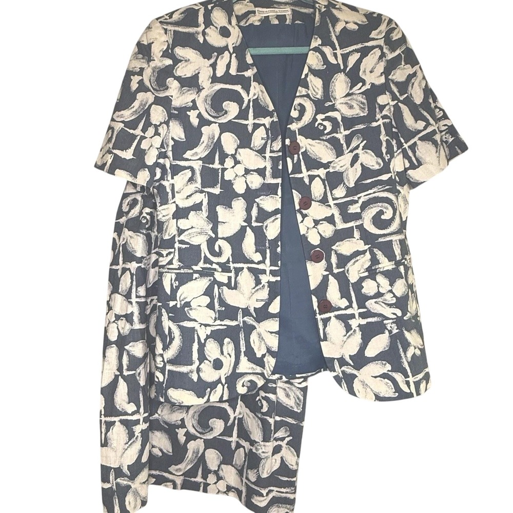 Vintage Preston & York Blue Linen Blend Floral Skirt Suit Set Size 6/8‎ Made USA